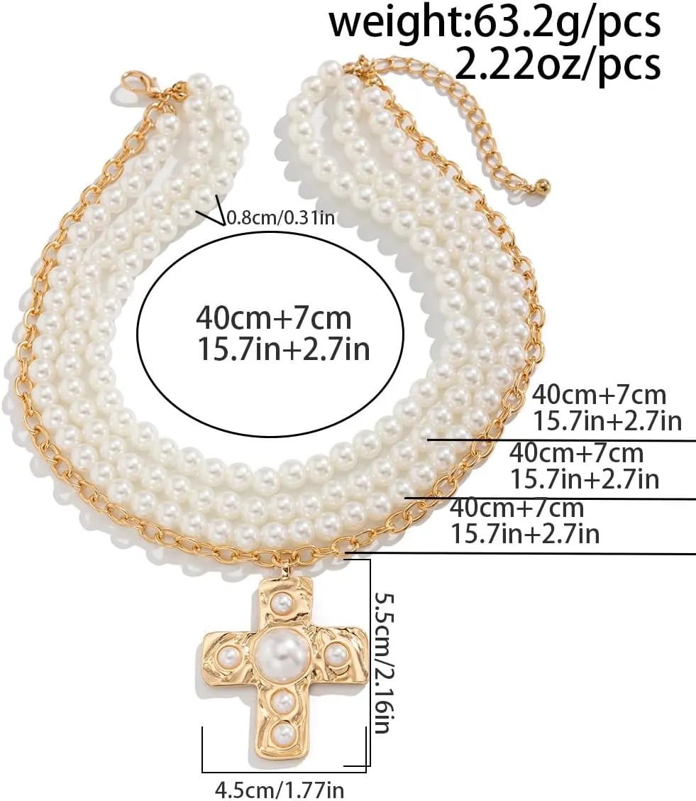 Gothic Cross Necklaces Layered Pearl Beads Cross Pendant Necklaces Punk Vintage Cross Chain Necklace Chunky Cross Necklace Gothic Jewelry for Women