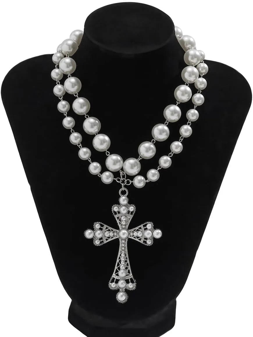 Gothic Cross Necklaces Layered Pearl Beads Cross Pendant Necklaces Punk Vintage Cross Chain Necklace Chunky Cross Necklace Gothic Jewelry for Women