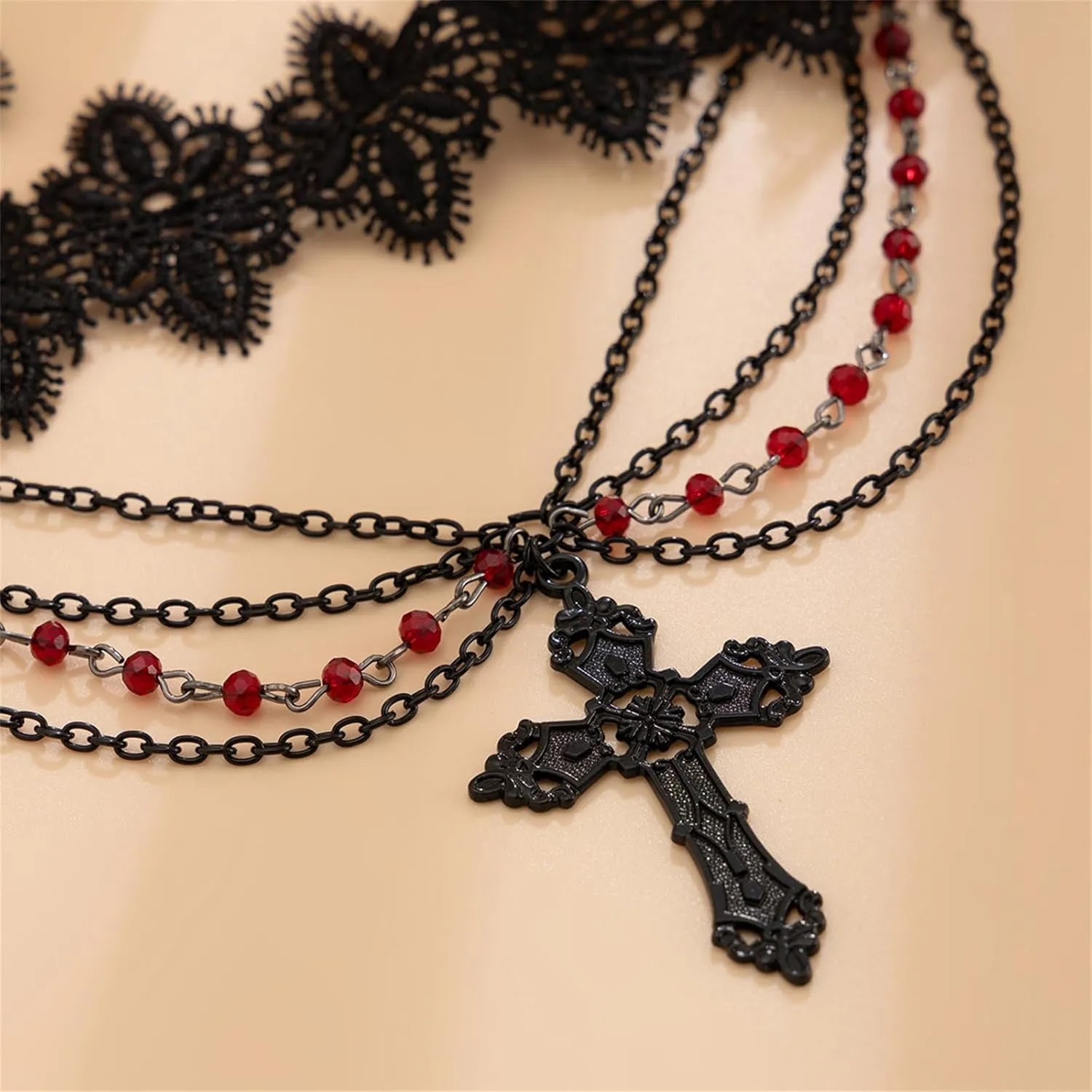 Gothic Cross Necklaces Layered Pearl Beads Cross Pendant Necklaces Punk Vintage Cross Chain Necklace Chunky Cross Necklace Gothic Jewelry for Women