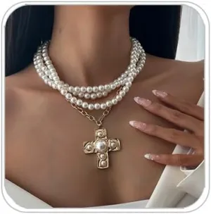 Gothic Cross Necklaces Layered Pearl Beads Cross Pendant Necklaces Punk Vintage Cross Chain Necklace Chunky Cross Necklace Gothic Jewelry for Women