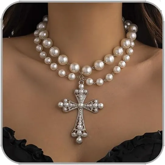 Gothic Cross Necklaces Layered Pearl Beads Cross Pendant Necklaces Punk Vintage Cross Chain Necklace Chunky Cross Necklace Gothic Jewelry for Women