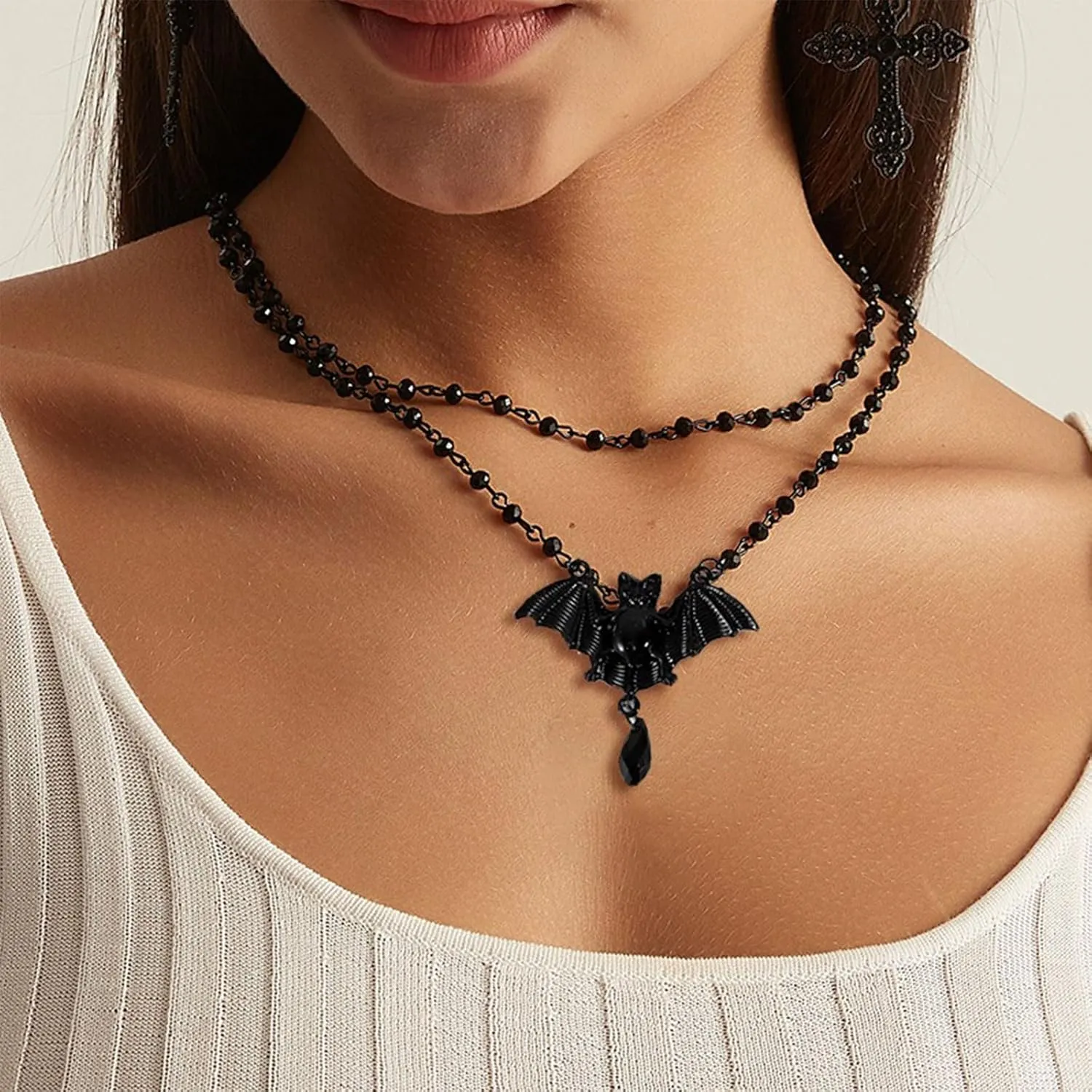 Gothic Layered Choker Necklace for Women Black Bat Cross Moon Pendant Necklace Halloween Jewelry Gifts
