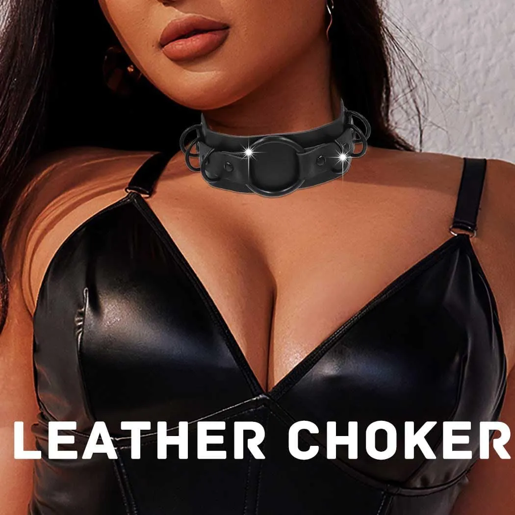 Gothic Leather Choker Necklace Punk Choker Collar Rings Nightclub Party Adjustable Necklaces Chain for Women