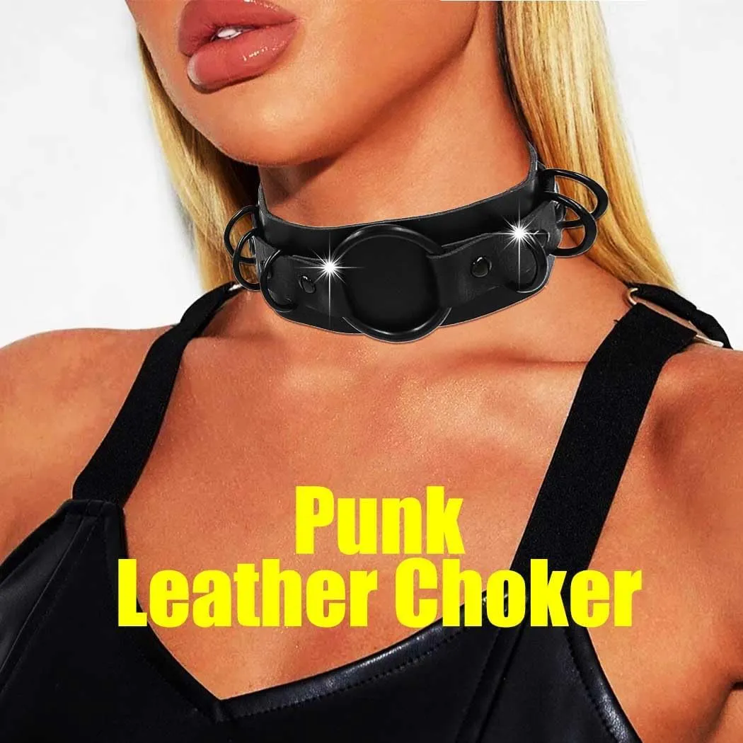 Gothic Leather Choker Necklace Punk Choker Collar Rings Nightclub Party Adjustable Necklaces Chain for Women
