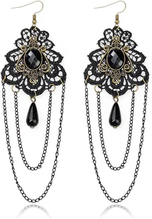 Gothic Long Tassel Crystal Earrings Vintage Lace Tassel Earrings Punk Dark Style Black Crystal Gemstones Dangle Drop Earrings Victoria Earrings Goth Earrings Christmas Birthday Party Halloween Earrings Jewelry for Women