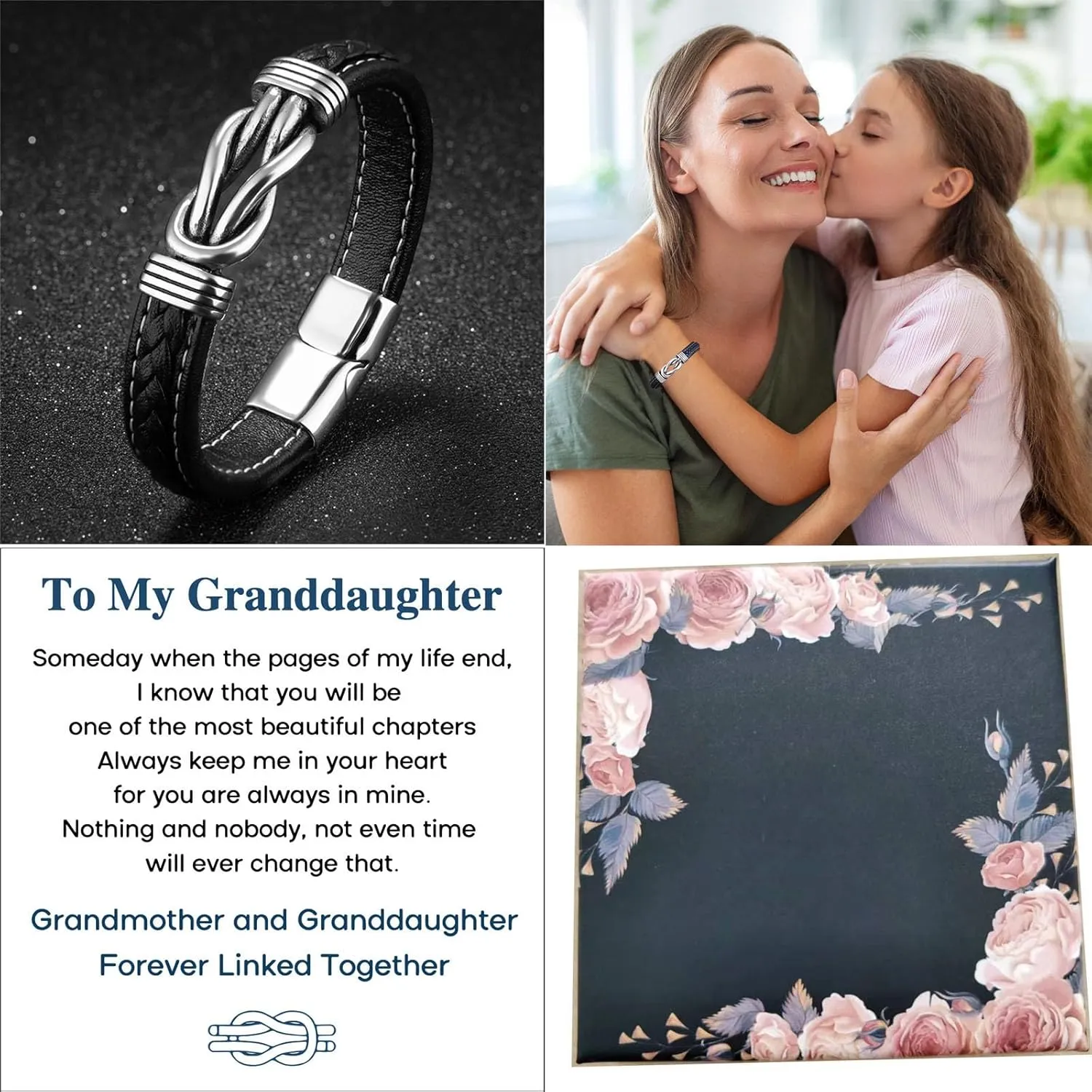 Grandmother and Granddaughter Forever Linked Together Braided Leather Bracelet, Infinity Knot Bracelets for Women To My Granddaughter Stainless Steel Engraved Leather Bracelet Jewelry for Birthday ChristmasBlack 19cm