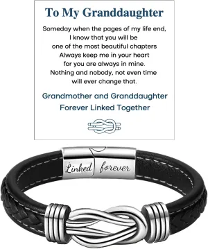 Grandmother and Granddaughter Forever Linked Together Braided Leather Bracelet, Infinity Knot Bracelets for Women To My Granddaughter Stainless Steel Engraved Leather Bracelet Jewelry for Birthday ChristmasBlack 19cm