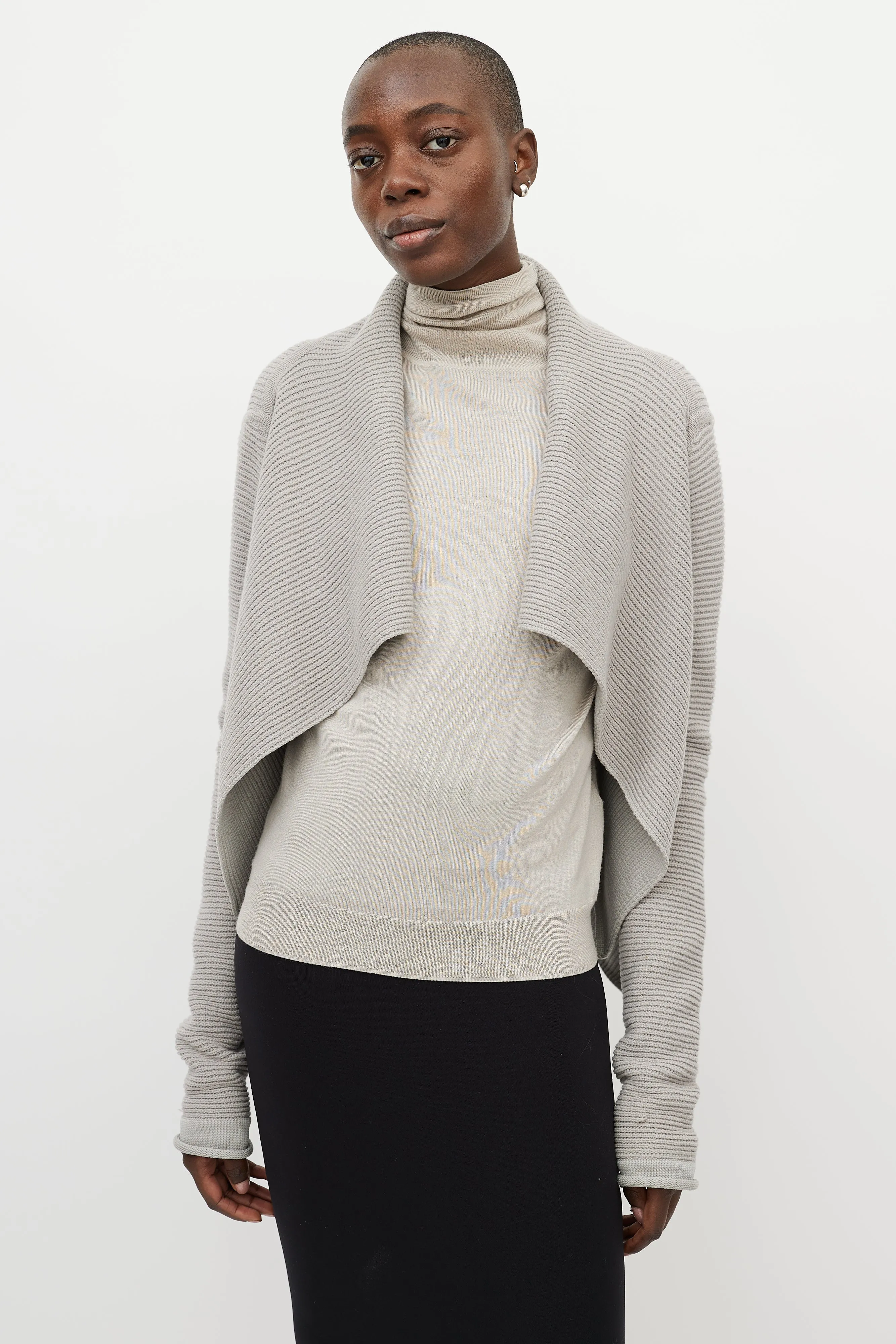 Grey Ribbed Cashmere Open Cardigan