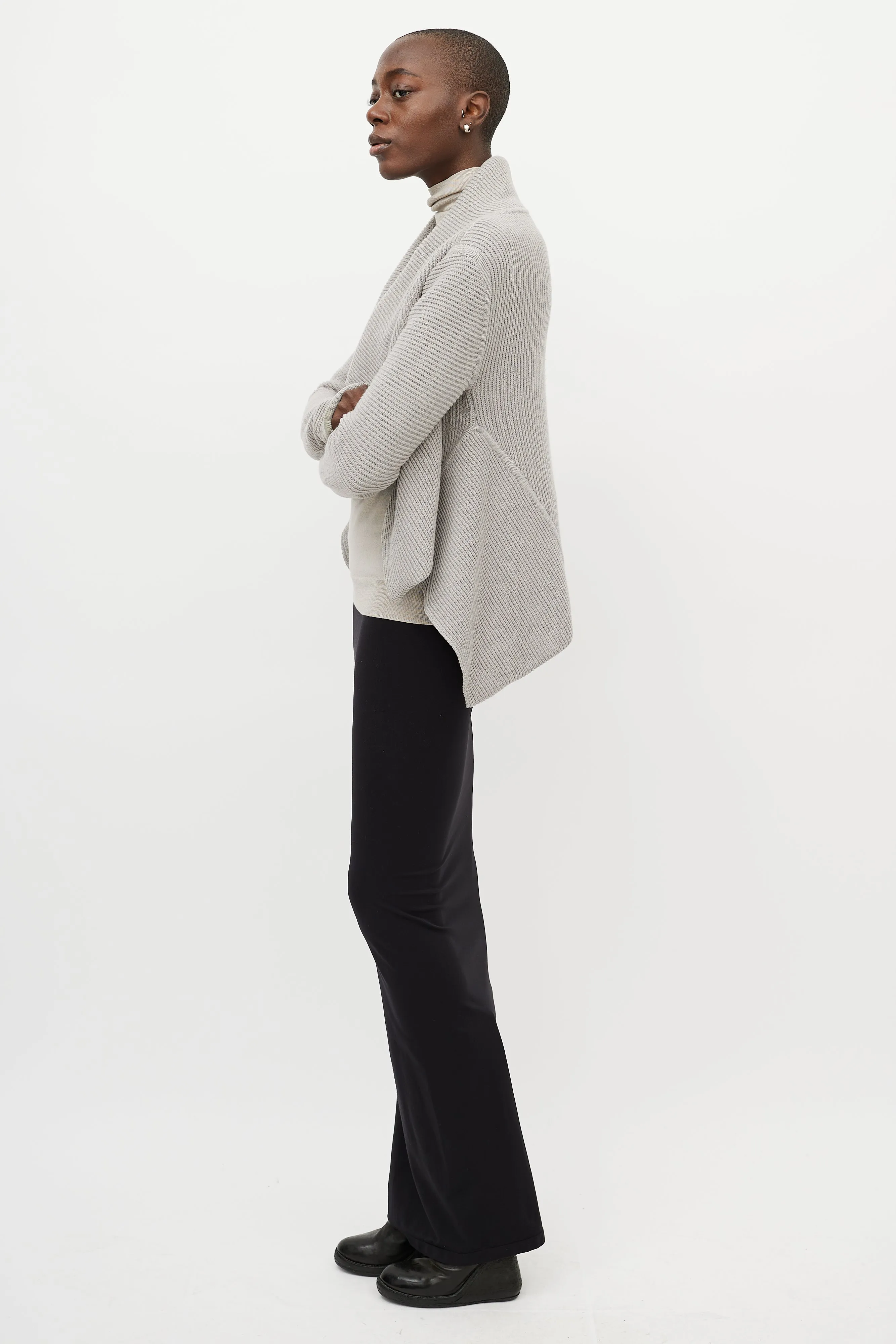 Grey Ribbed Cashmere Open Cardigan