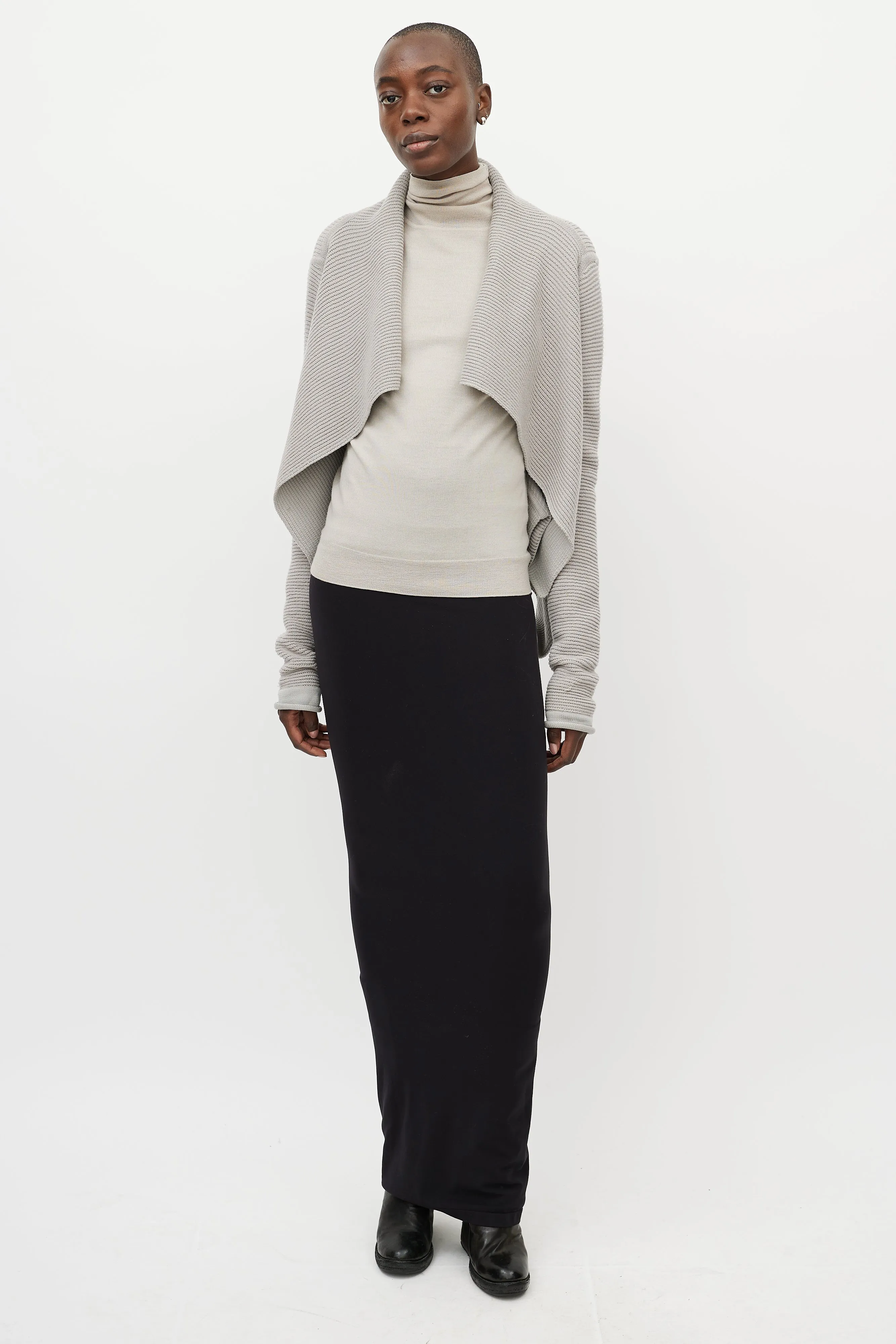 Grey Ribbed Cashmere Open Cardigan