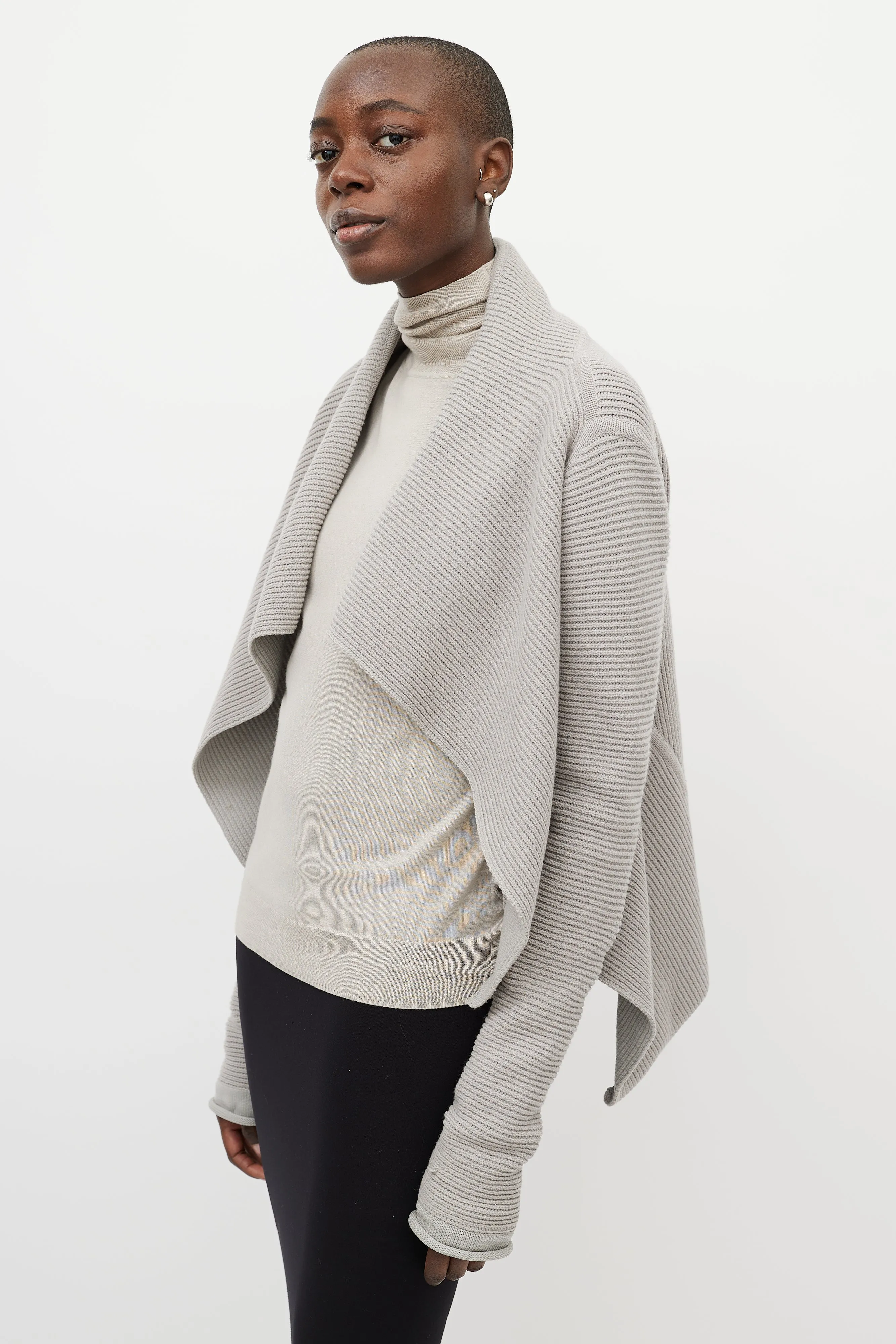 Grey Ribbed Cashmere Open Cardigan