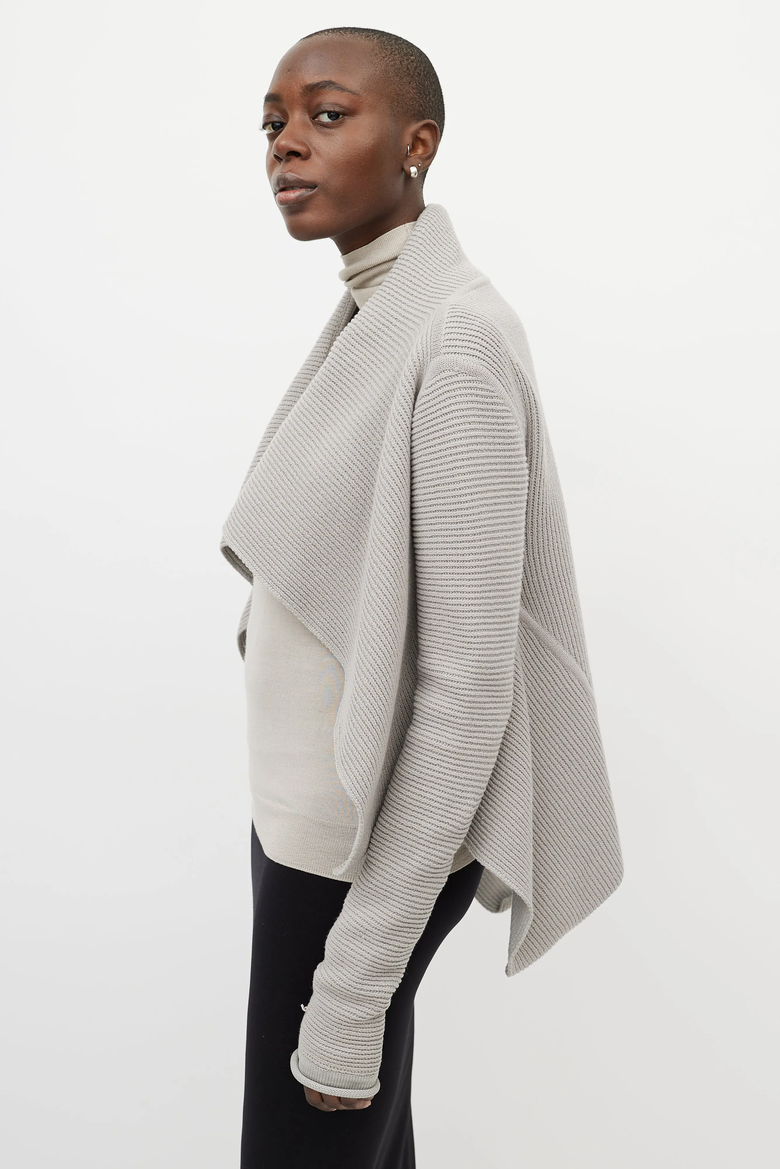 Grey Ribbed Cashmere Open Cardigan