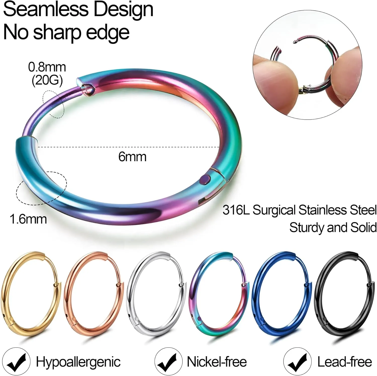 HAIAISO 5 Pairs Small Hoop Earrings Set for Women Men 316L Stainless Steel Huggie Earrings 1.6MM Tube Tiny Cartilage Helix Earrings Hoop Silver Gold Hoop Earrings for Multiple Piercing Jewelry 6/7/8/9/10MM