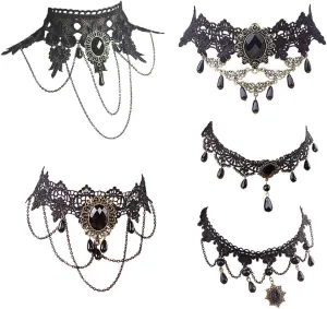 Halloween Elegant Sexy Women Lady Retro Gothic Punk Style Necklace Black Lace Neck Chain Collar Statement Choker Victorian Steampunk Jewelry Party Wedding Princess,5 Pieces/Set