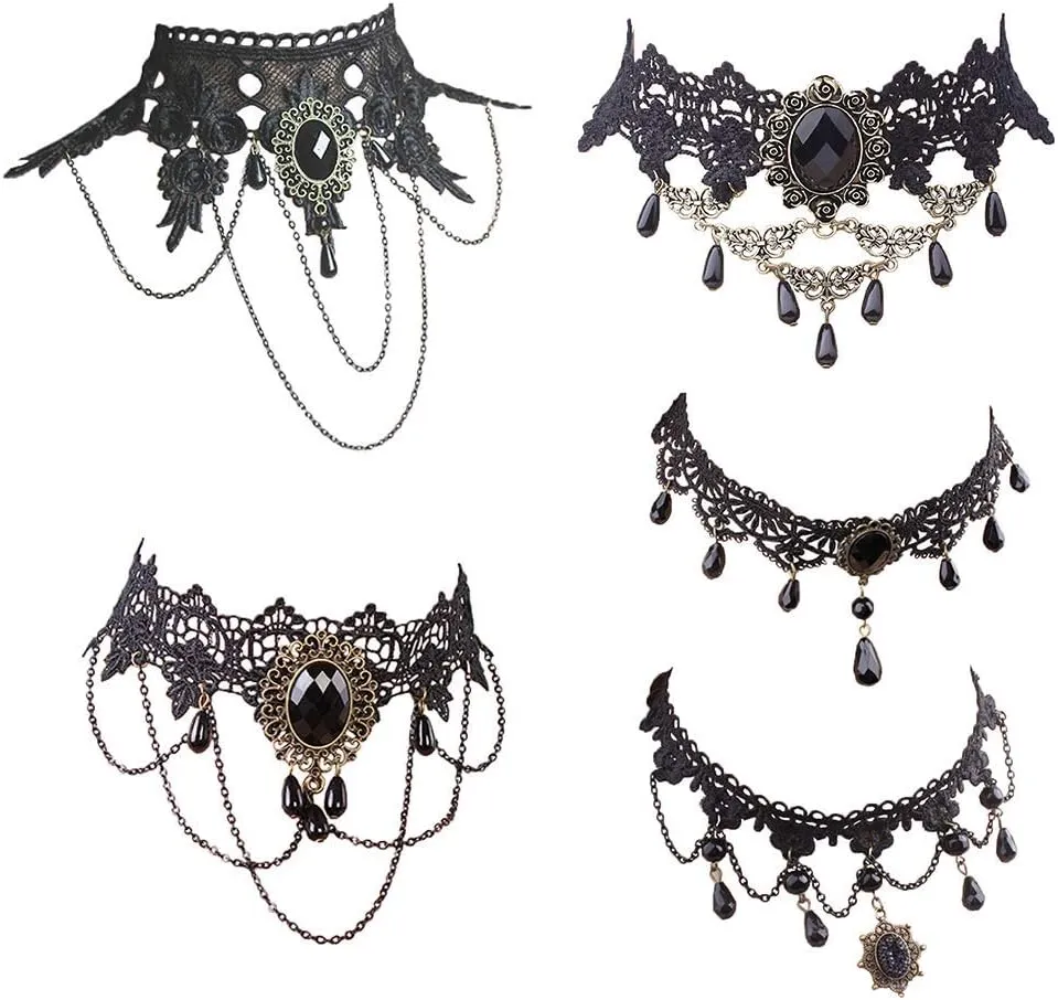 Halloween Elegant Sexy Women Lady Retro Gothic Punk Style Necklace Black Lace Neck Chain Collar Statement Choker Victorian Steampunk Jewelry Party Wedding Princess,5 Pieces/Set