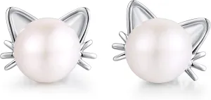 Han han 18K White Gold Plated Pearl Diamond Stud Earrings for Women 925 Sterling Silver Pearl Earrings, Fine Jewelry Gift for Women 8MM-13MM