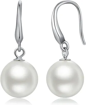 Han han 925 Sterling Silver Pearl Dangle Earrings for Women, Cubic Zirconia Pearl Earrings, 8MM-10MM