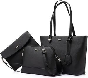 Handbags Womens Fashion Synthetic Leather Handbag Set 3pcs Tote, Shoulder & Satchel Purse Collection(Black)