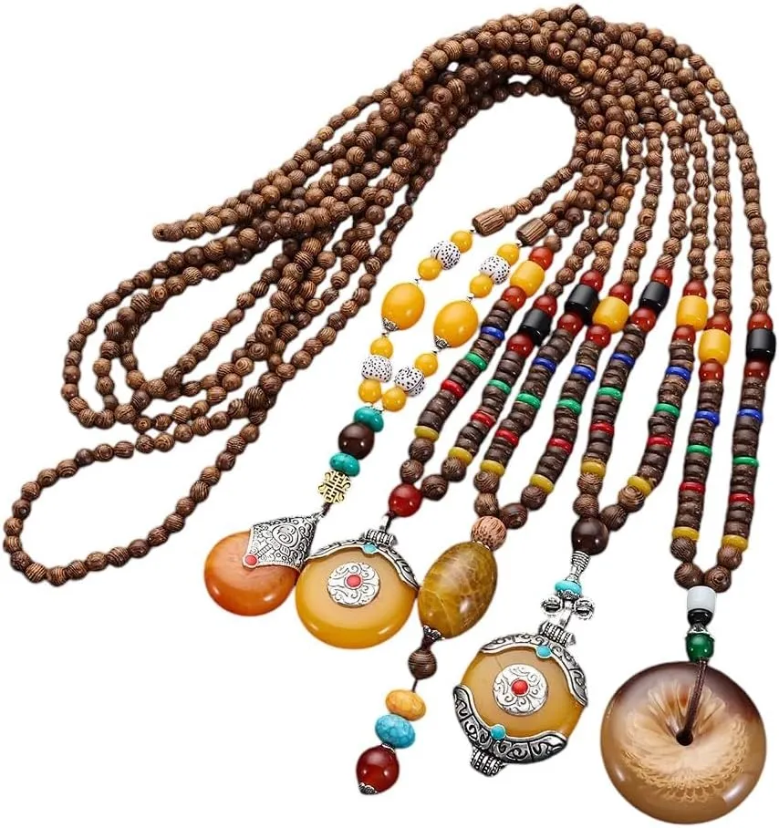 Handmade Nepal Buddhist Mala Bead Pendant Necklace Ethnic Wooden Bead Long Jewelry Gifts For Women VHM7079