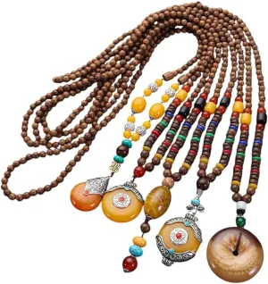 Handmade Nepal Buddhist Mala Bead Pendant Necklace Ethnic Wooden Bead Long Jewelry Gifts For Women VHM7079