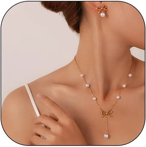 Harry and Henry Pearl Jewelry Set for Women Wedding Pearl Necklace Bracelet Earring Set Gold Bow Necklace Dainty Bride Bridesmaid Jewelry Gift for Women