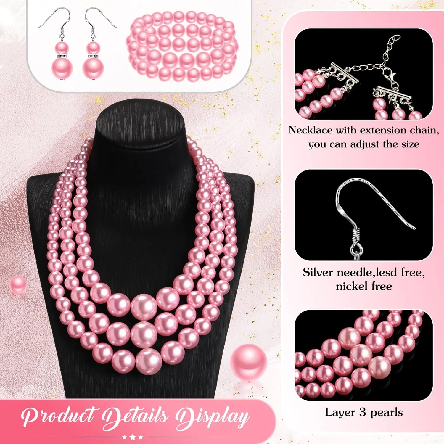 Haysandy 1920s Pearl Necklace for Women Costume Jewelry Set Faux Pearl Necklace Bracelet Earring for Party Wedding Gift
