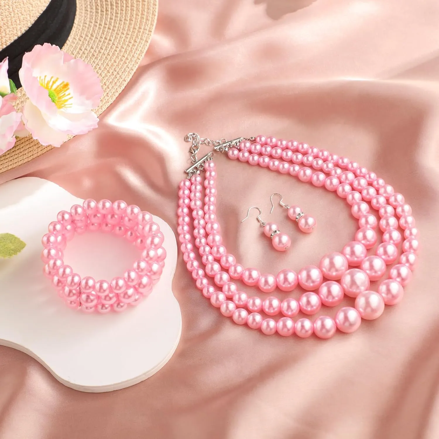 Haysandy 1920s Pearl Necklace for Women Costume Jewelry Set Faux Pearl Necklace Bracelet Earring for Party Wedding Gift
