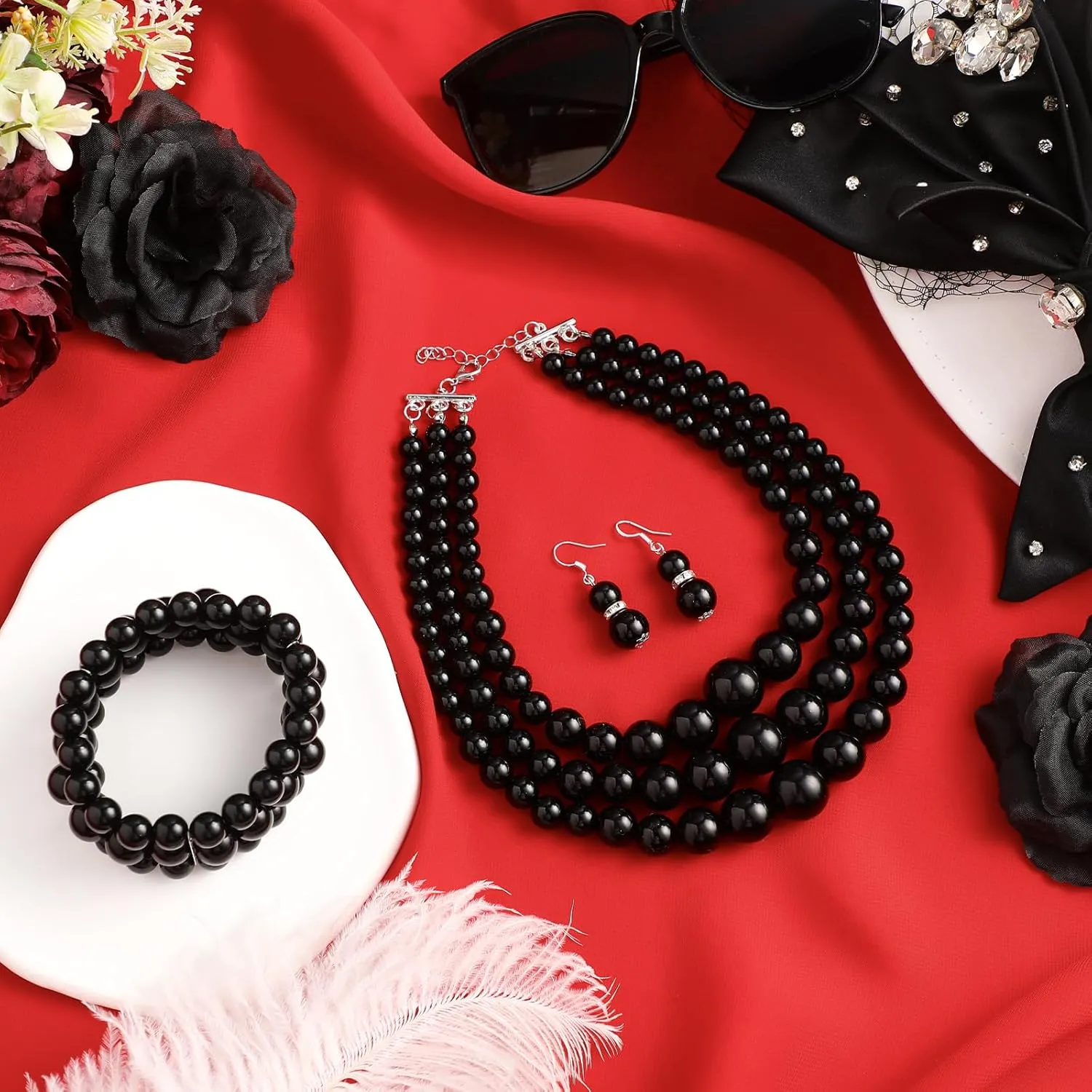 Haysandy 1920s Pearl Necklace for Women Costume Jewelry Set Faux Pearl Necklace Bracelet Earring for Party Wedding Gift