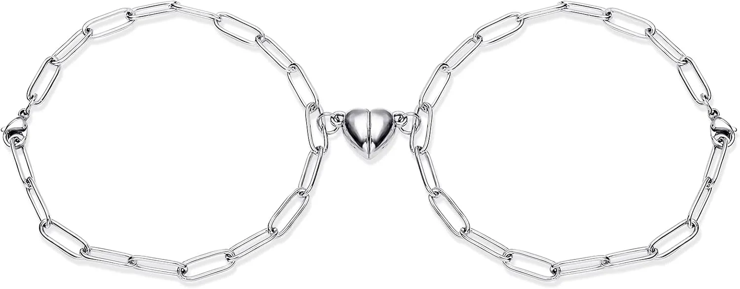 Heart Couples Bracelets Matching Bracelets for Couples Love Heart Bracelets Silver Adjustable Paperclip Bracelet Valentines Day Gift for Him and Her