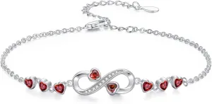 Heart Infinity Anklet for Women 925 Sterling Silver Created Garnet Adjustable Anklet Bracelet Mother's Day Birthday Jewelry Gifts for Her