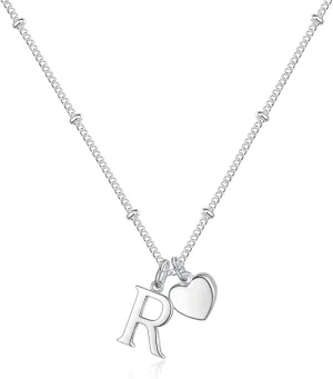 Heart Initial Necklaces for Girls - 925 Silver Necklace for Women Teen Girl Gifts Dainty Heart Pendant Silver Initial Necklaces for Women Jewelry