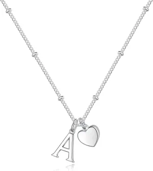 Heart Initial Necklaces for Girls - 925 Silver Necklace for Women Teen Girl Gifts Dainty Heart Pendant Silver Initial Necklaces for Women Jewelry