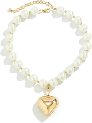 Heart Pendant Pearl Necklaces for Women Big Pearl Beaded Necklace Layered Beads Choker Necklace Faux Crystal Beads Necklaces Prom Jewellery Present