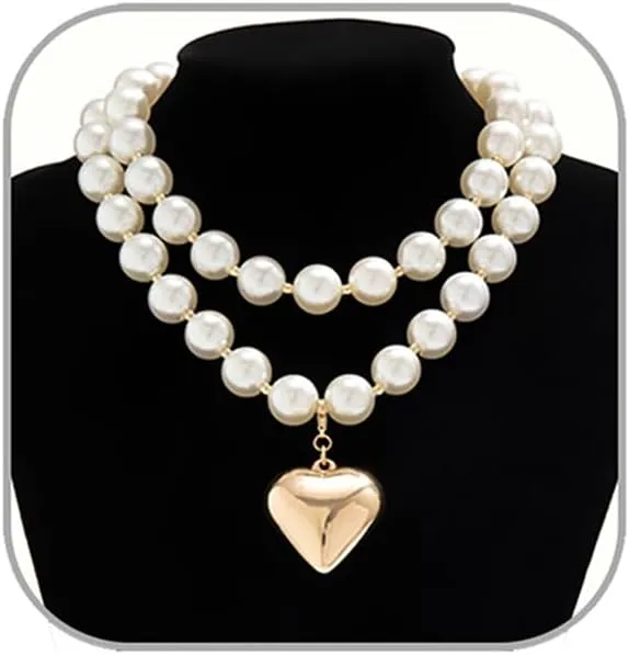Heart Pendant Pearl Necklaces for Women Big Pearl Beaded Necklace Layered Beads Choker Necklace Faux Crystal Beads Necklaces Prom Jewellery Present