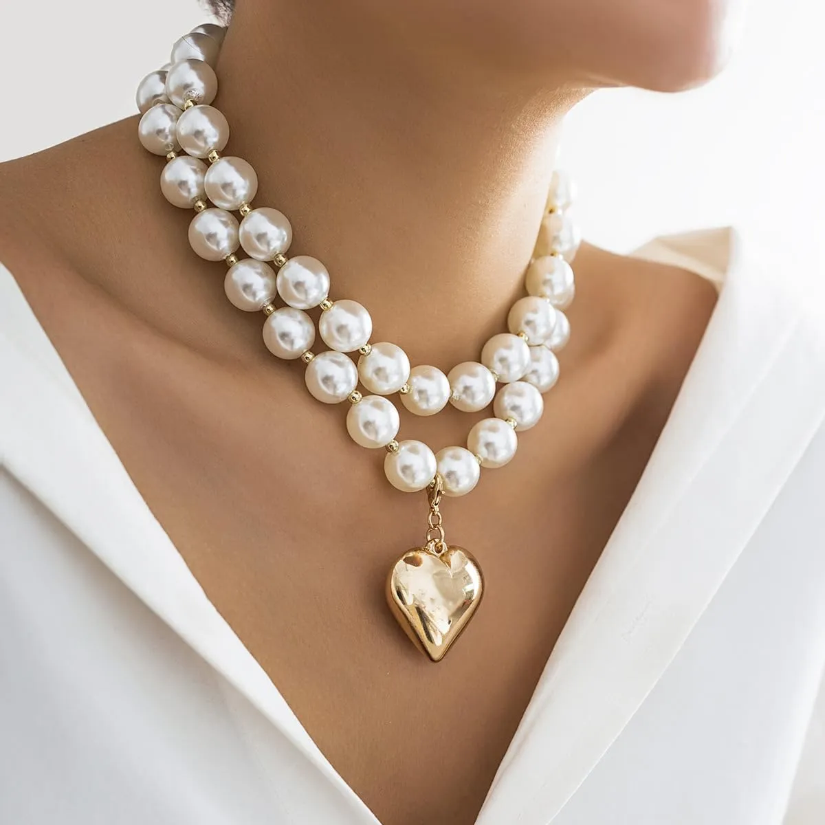 Heart Pendant Pearl Necklaces for Women Big Pearl Beaded Necklace Layered Beads Choker Necklace Faux Crystal Beads Necklaces Prom Jewellery Present