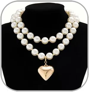 Heart Pendant Pearl Necklaces for Women Big Pearl Beaded Necklace Layered Beads Choker Necklace Faux Crystal Beads Necklaces Prom Jewellery Present