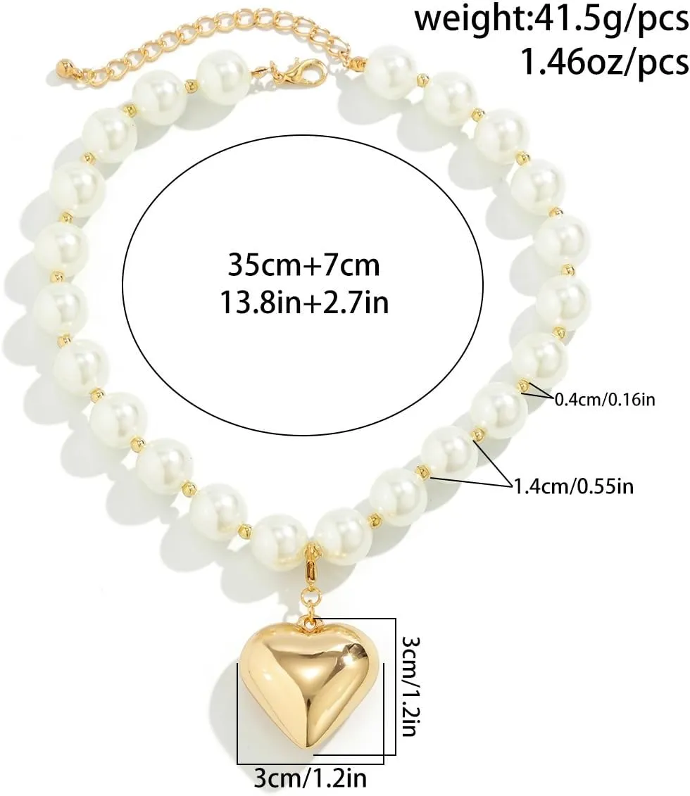 Heart Pendant Pearl Necklaces for Women Big Pearl Beaded Necklace Layered Beads Choker Necklace Faux Crystal Beads Necklaces Prom Jewellery Present