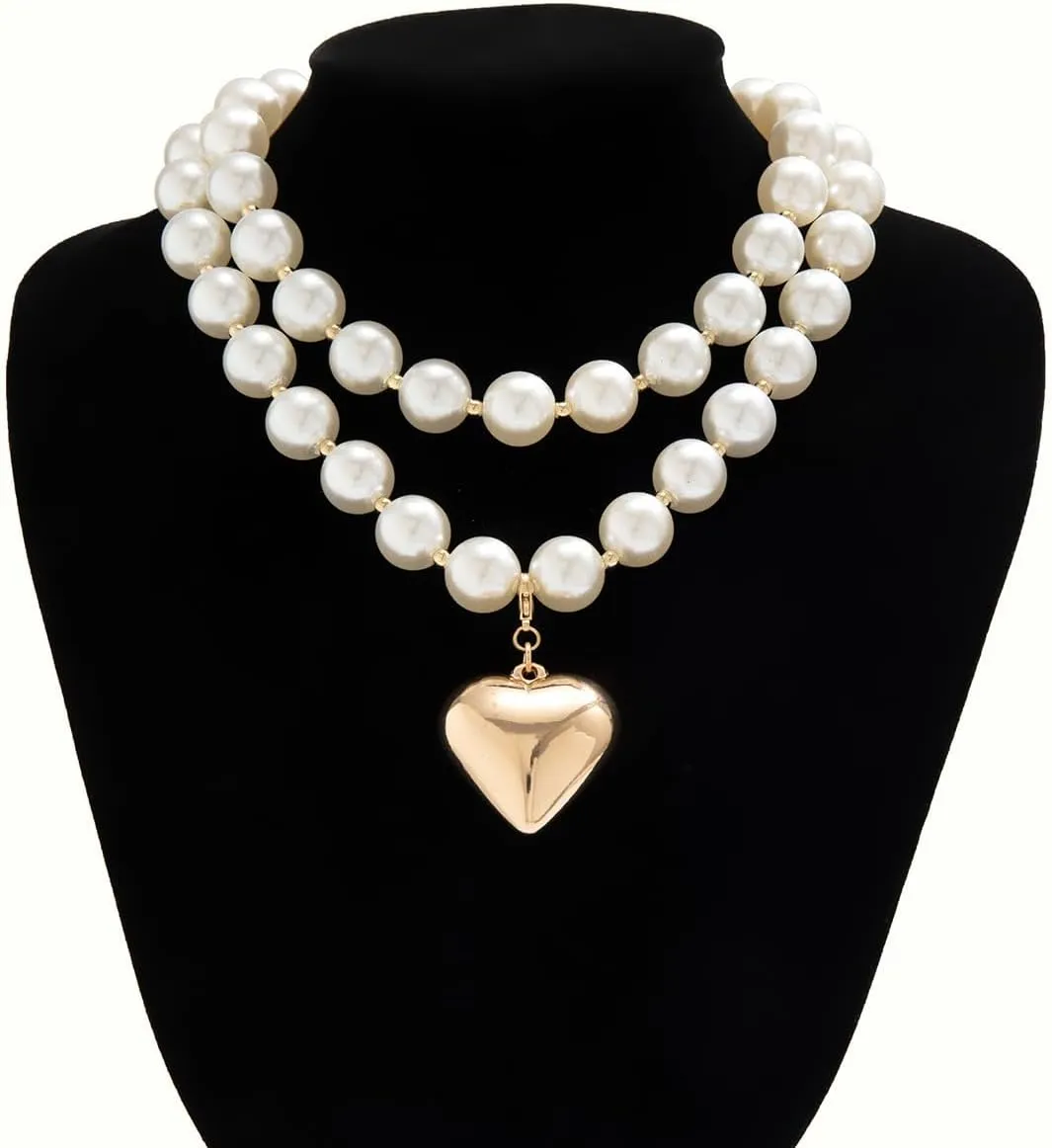 Heart Pendant Pearl Necklaces for Women Big Pearl Beaded Necklace Layered Beads Choker Necklace Faux Crystal Beads Necklaces Prom Jewellery Present