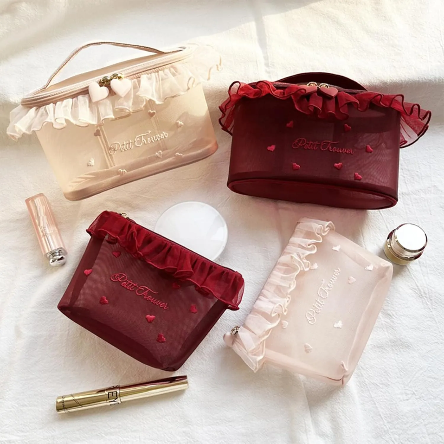 Heart Print Mesh Makeup Bags, Mini Mesh Cosmetic Bags with Zipper, Portable Travel Organizer Pouch for Makeup Women Accessories