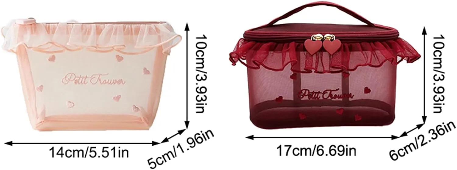 Heart Print Mesh Makeup Bags, Mini Mesh Cosmetic Bags with Zipper, Portable Travel Organizer Pouch for Makeup Women Accessories