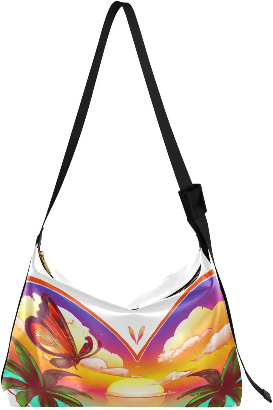 Heart Sunset Summer Hobo Crossbody Bags for Women Leather Large Shoulder Bag Cross Body Butterfly Coconut Tree Trendy Womens Tote Bags Handbag for Travel Shopping
