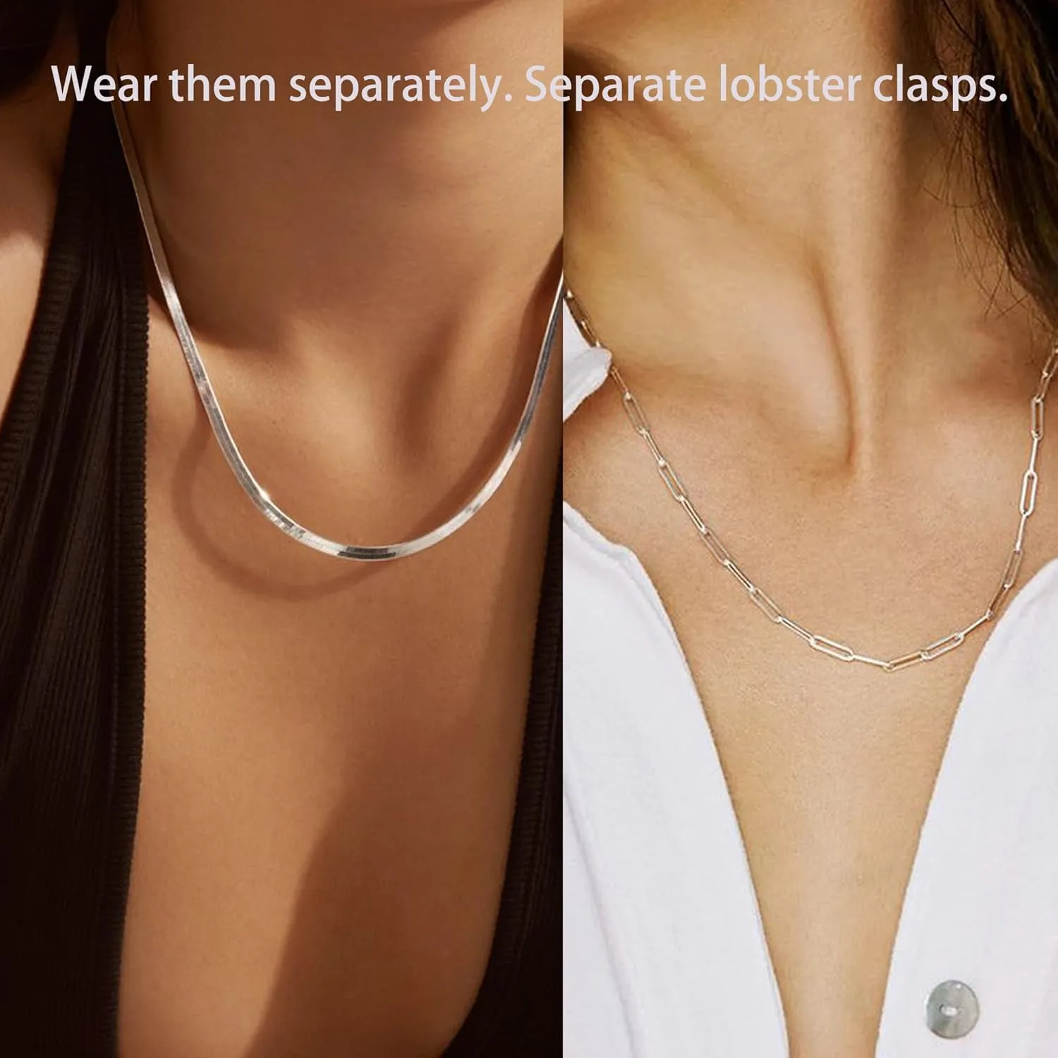Herringbone Necklaces for Women, Hypoallergenic 18K Real Gold Plated Choker Necklace for Men Girls, 2Pcs Silver Necklace Set, Layering Necklaces(Individual Lobster Clasp)