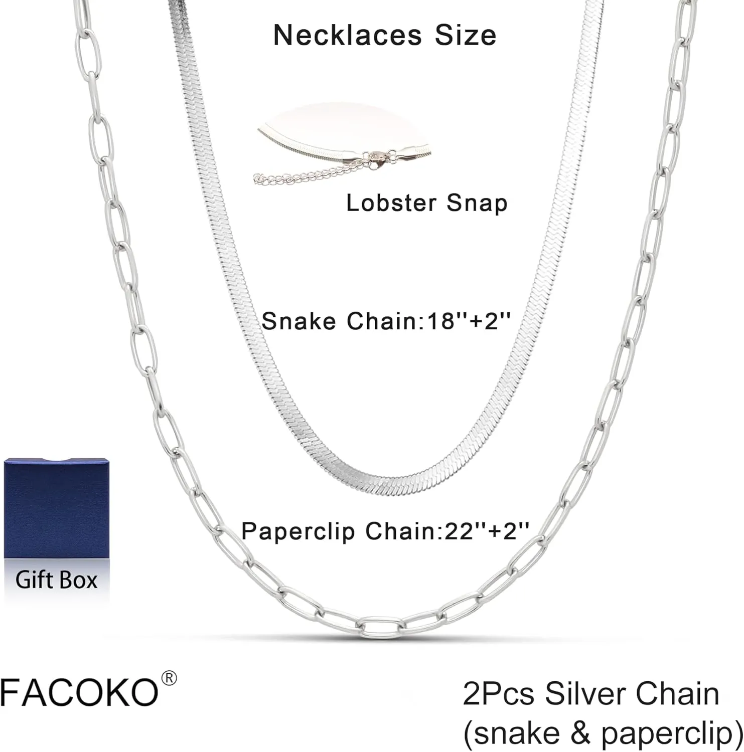 Herringbone Necklaces for Women, Hypoallergenic 18K Real Gold Plated Choker Necklace for Men Girls, 2Pcs Silver Necklace Set, Layering Necklaces(Individual Lobster Clasp)