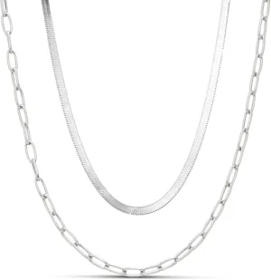 Herringbone Necklaces for Women, Hypoallergenic 18K Real Gold Plated Choker Necklace for Men Girls, 2Pcs Silver Necklace Set, Layering Necklaces(Individual Lobster Clasp)