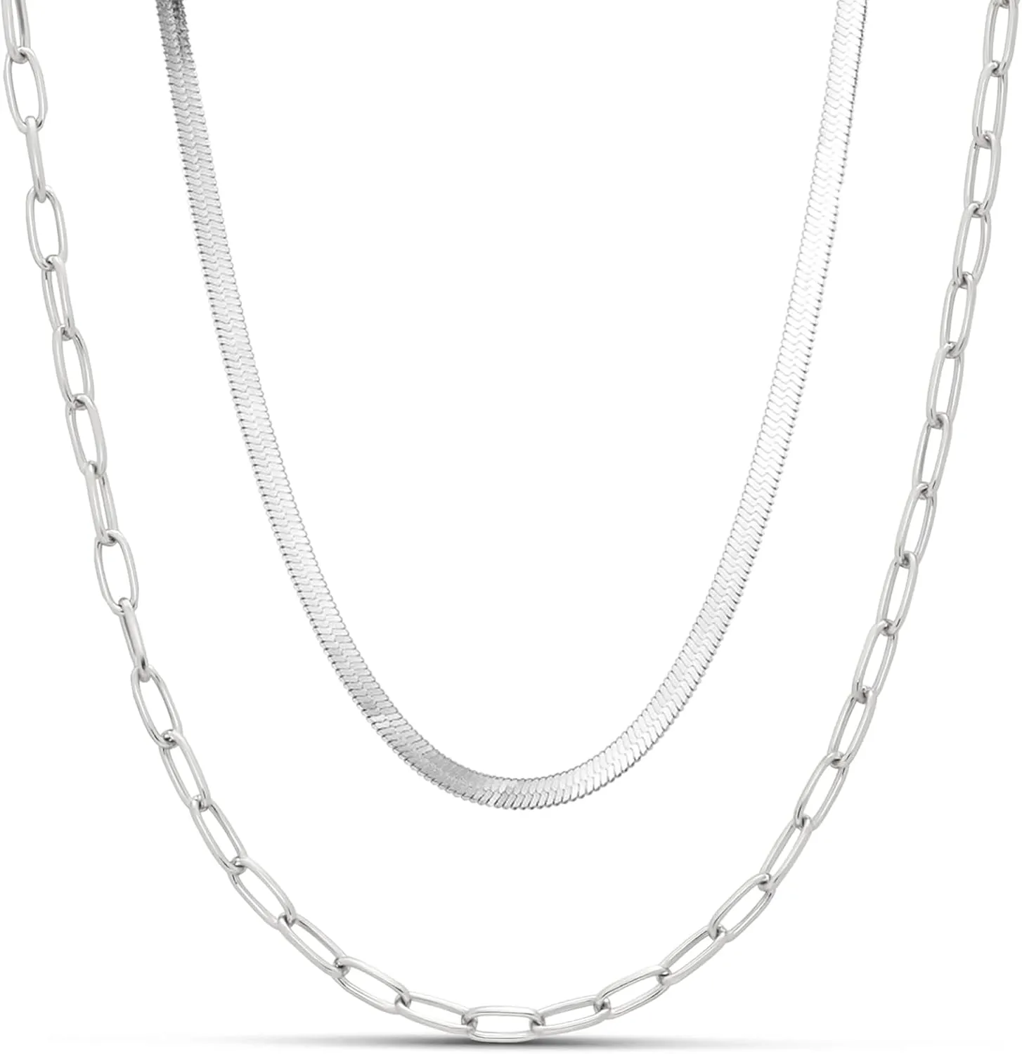 Herringbone Necklaces for Women, Hypoallergenic 18K Real Gold Plated Choker Necklace for Men Girls, 2Pcs Silver Necklace Set, Layering Necklaces(Individual Lobster Clasp)