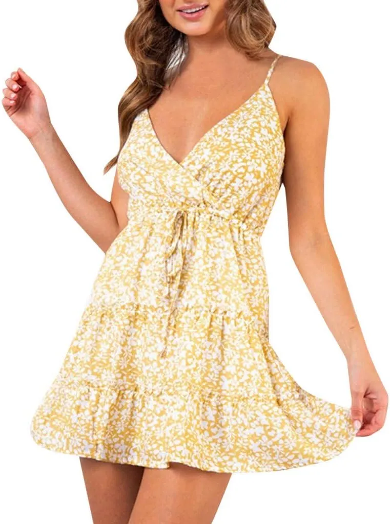 HHmei Women's Sleeveless Casual Solid Off-Shoulder Short Sleeve Bow Printing Princess Mini Dress