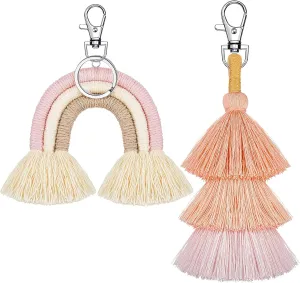 Hicarer 2 Pieces Boho Rainbow Keychains Pom Pom Tassel Macrame Keychains for Women