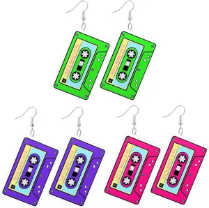Hicarer 3 Pairs Cassette Tape Earrings 80s 90s Neon Earrings for Women 80s 90s Jewelry Accessories Retro Pendant Acrylic Drop Dangle for Outfit Glow Party