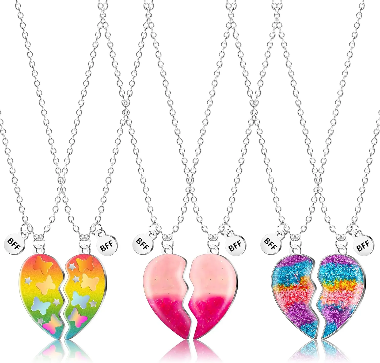 Highergo 6 Pieces Best Friend Necklaces BFF Matching Heart Pendant Friendship Necklaces for Girls Best Friend Jewelry for Kids Sister Cute Gifts