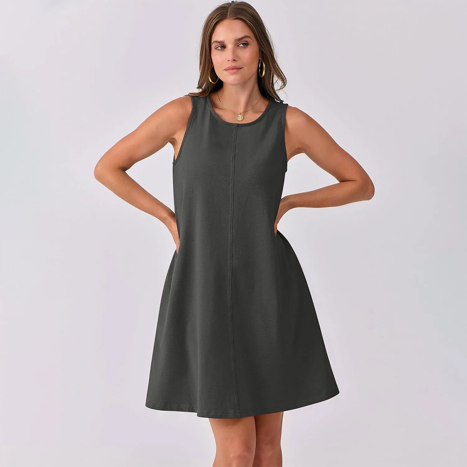 hlysgo A Line Dresses for Women Summer Cutout Back Sleeveless Mini Sundress Casual Loose Fit Coverup Beach Dress with Pocket